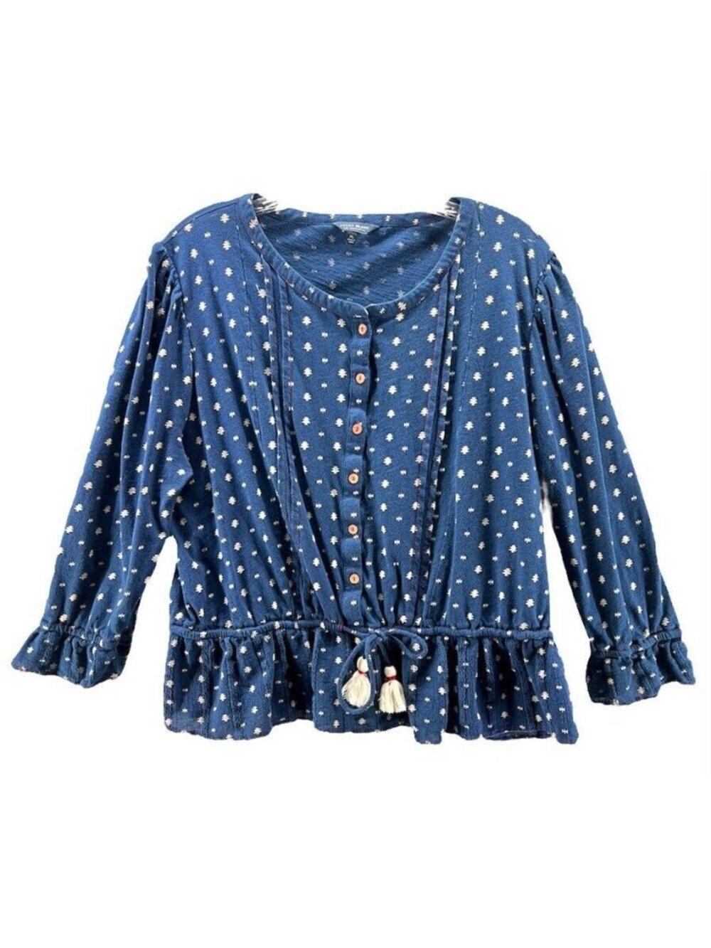 Lucky Brand Womens XL Blue Polka Dot Button-Up Blouse With Tassels & Ruffles